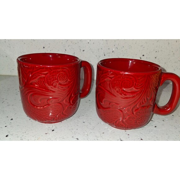 Rare HiEnd Accents Savanna Tooled Leather Look Stoneware Coffee Mugs Red St of 2 - Picture 7 of 9
